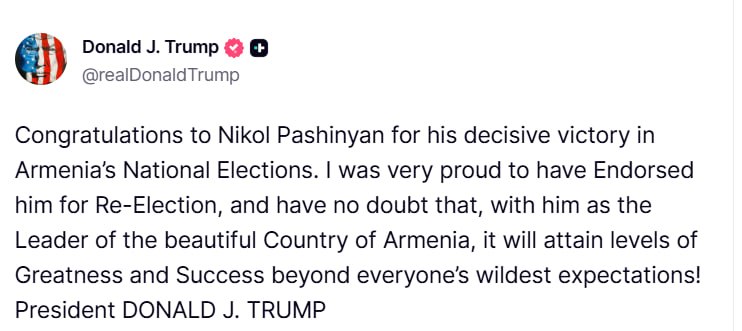 Дональд Трамп и Никол Пашинян, поздравление с выборами, Армения