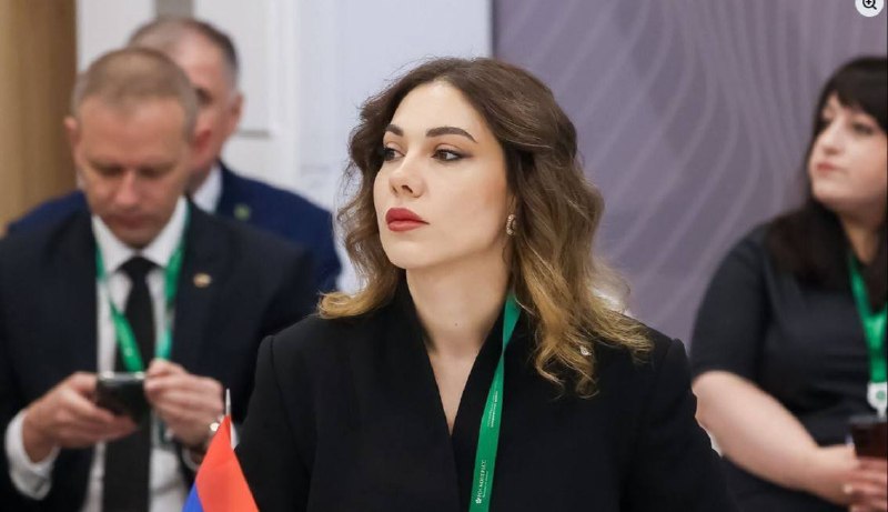 Министр юстиции Армении Србуи Галян на фоне здания КС